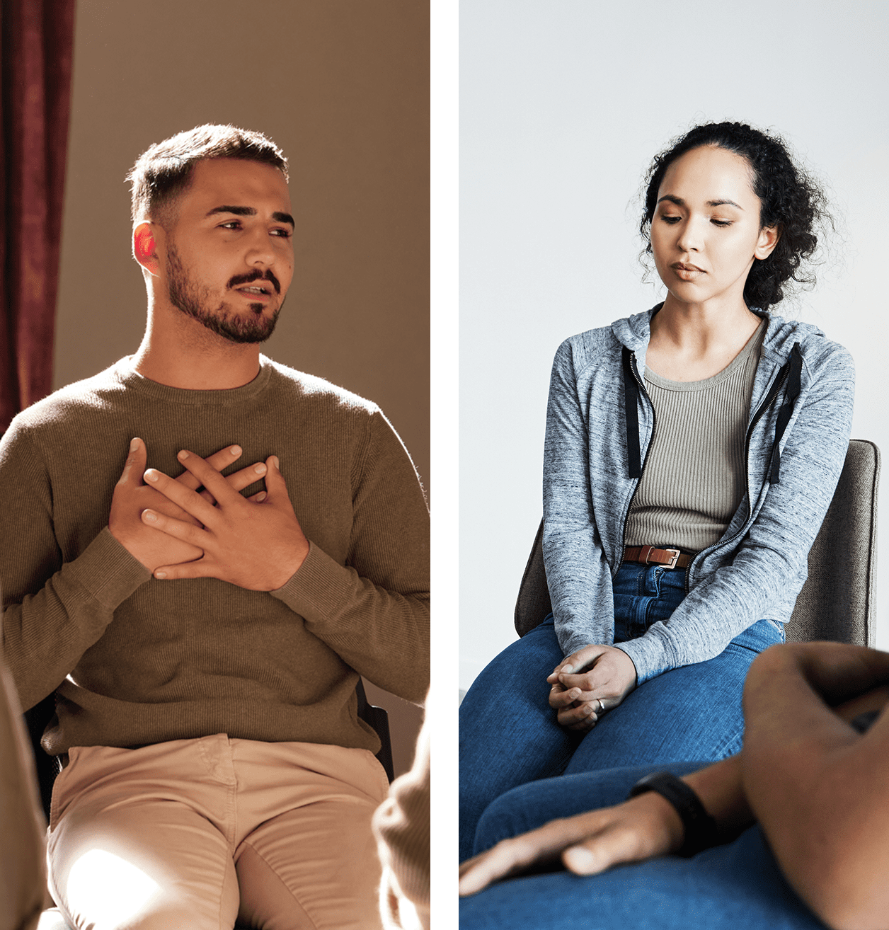 about Two people sitting in a chair and one person holding hands