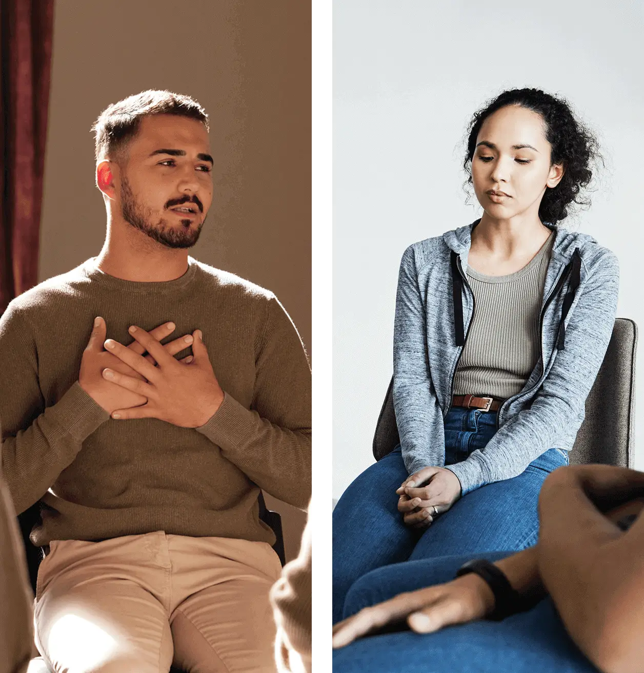 Two people sitting in a chair and one person holding hands